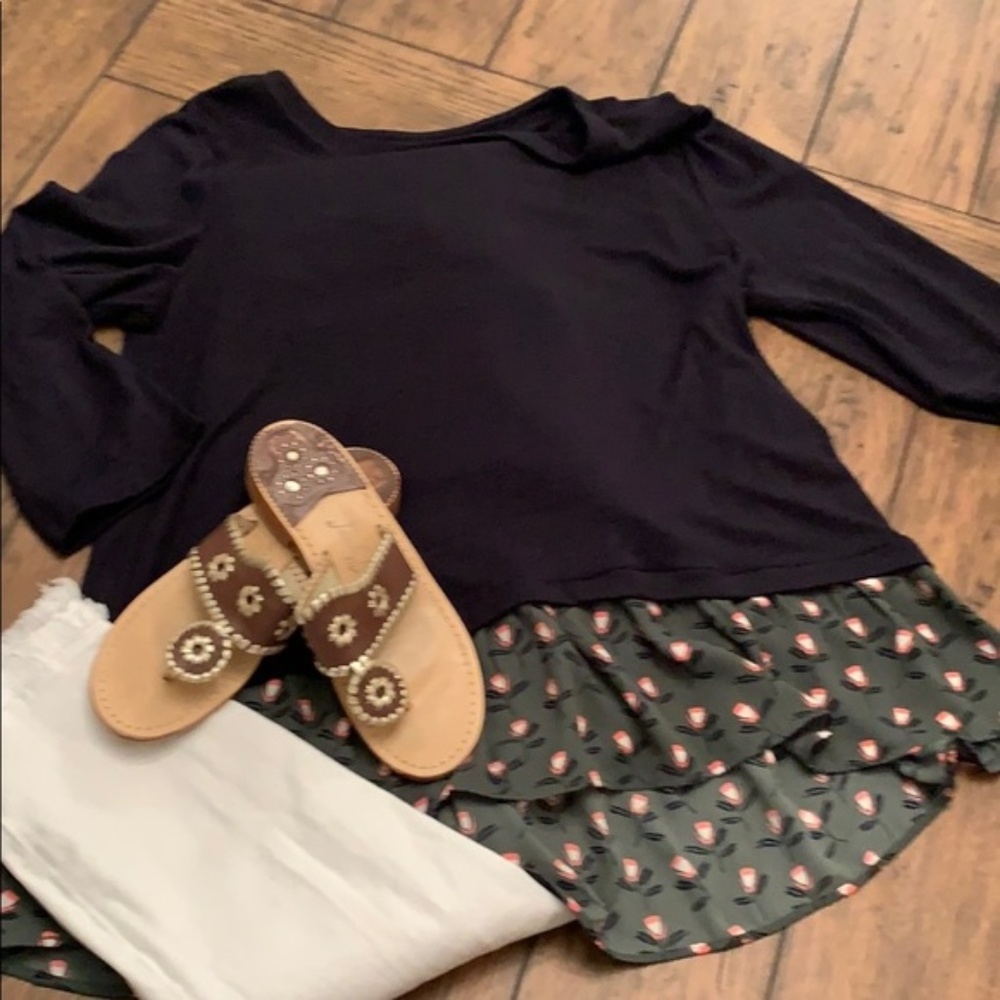 Loft Navy and Green Lightweight Sweater Blouse